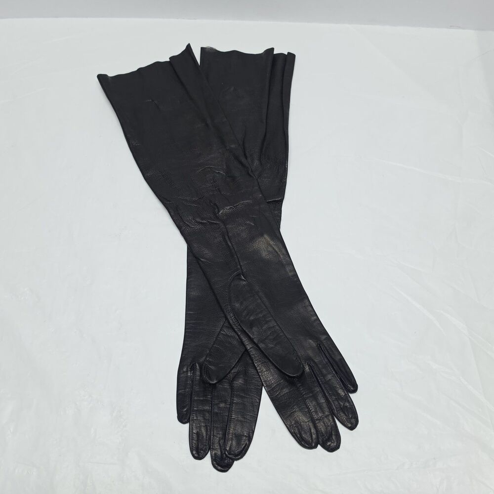 Vintage Genuine Black Leather Elbow Length Gloves 18" Size 6.5 Opera Formal